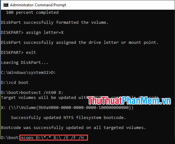 Nhập lệnh xcopy D. XEFH