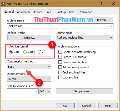 Chọn định dạng muốn nén tại mục Archive format