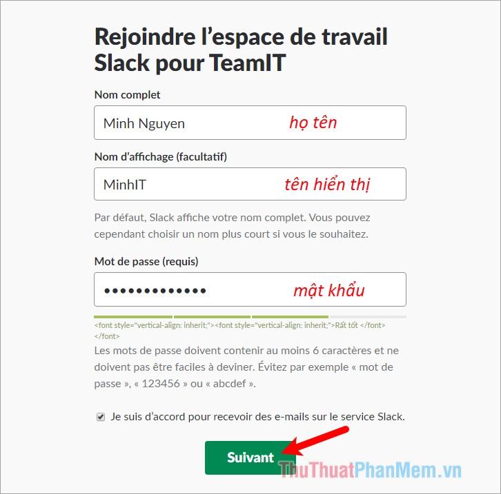 Nhập Tên đầy đủ, Tên hiển thị và Mật khẩu được yêu cầu