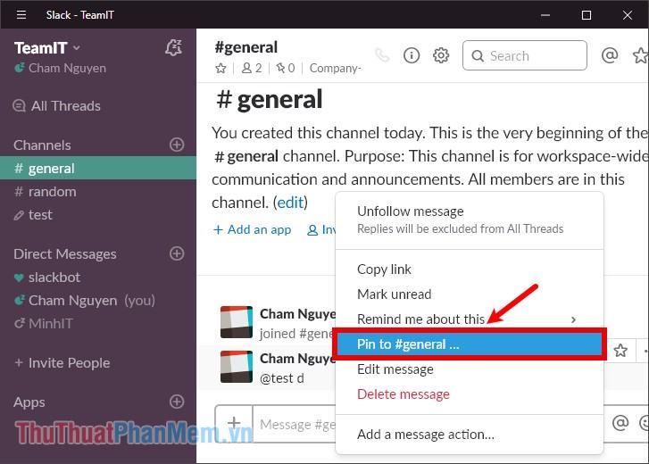 Để ghim tin nhắn, hãy chọn Ghim vào #chung (tên kênh)