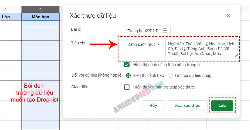 Cách tạo danh sách các mục dữ liệu cho dropdown list trong google sheet