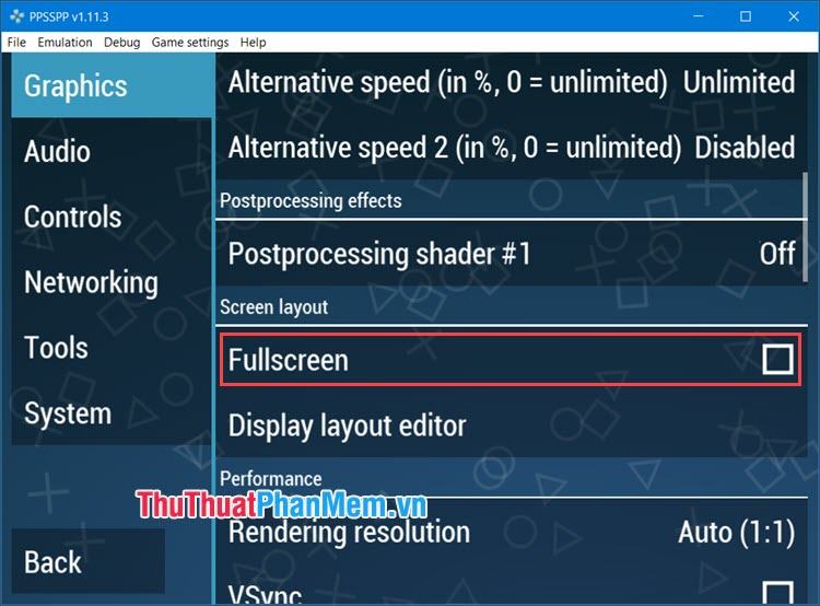 Check Fullscreen để chọn chế độ hiển thị toàn màn hình