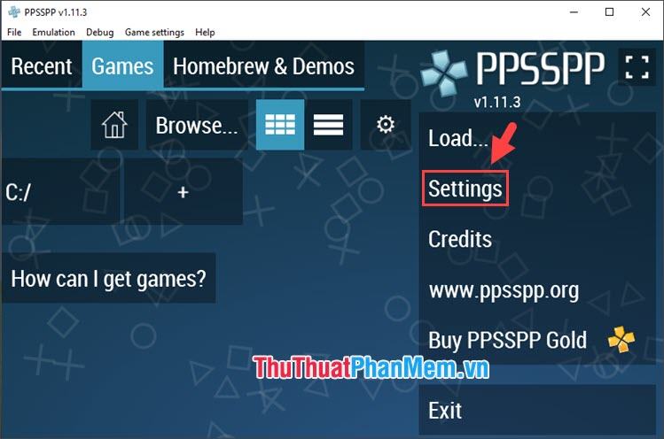Nhấp vào Cài đặt sau khi mở PPSSPP