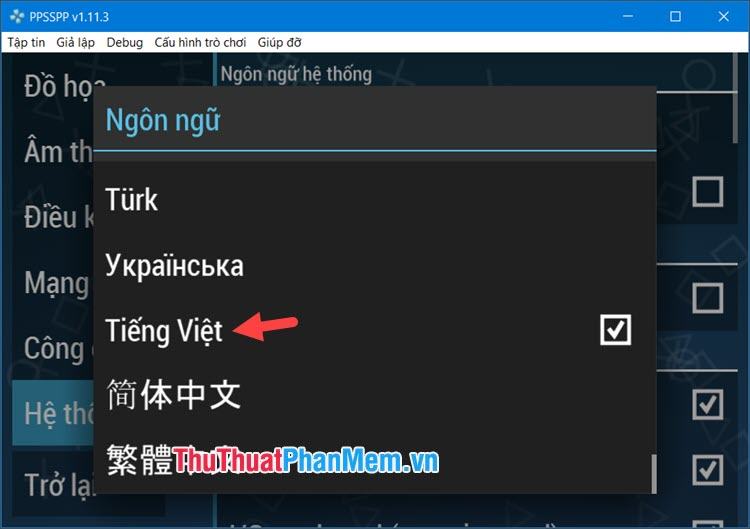 Chọn ngôn ngữ tiếng Việt để chuyển sang giao diện tiếng Việt trên giả lập
