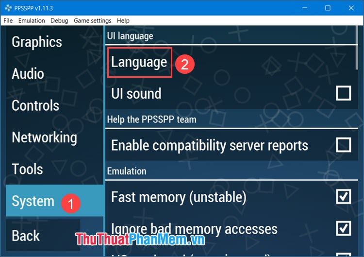 Chọn Ngôn ngữ để thay đổi ngôn ngữ trên giả lập PPSSPP