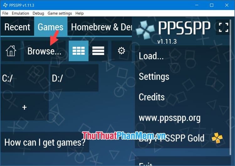 Mở PPSSPP và nhấp vào Duyệt qua