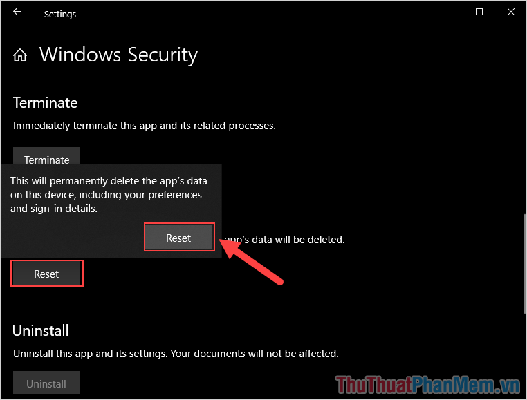 Tìm mục Reset và xác nhận Reset để hệ thống tự động kích hoạt Windows Security recovery