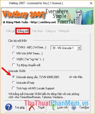 Chọn tab Encoding và chọn Unicode dựng sẵn, TCVN 6909:2001