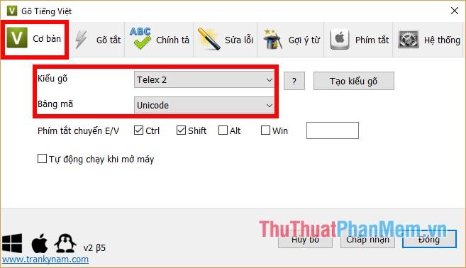 Chọn Encoding as Unicode, Typing as Telex trong tab Basic