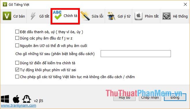 Để thiết lập tính năng kiểm tra chính tả, hãy chọn tab Chính tả