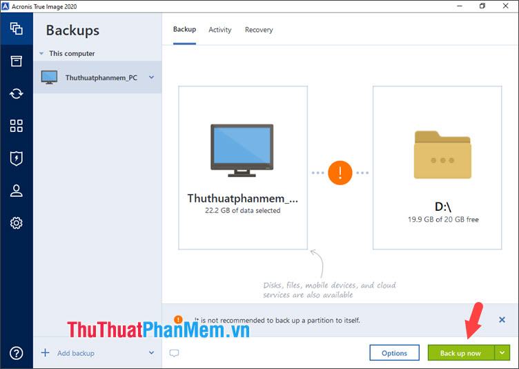 Nhấn Back up now để tiến hành tạo bản sao lưu