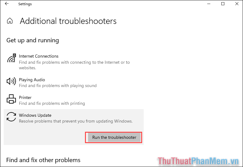 Tìm đến Windows Update Chạy tab Troubleshooter để sửa lỗi 0x8004FC12