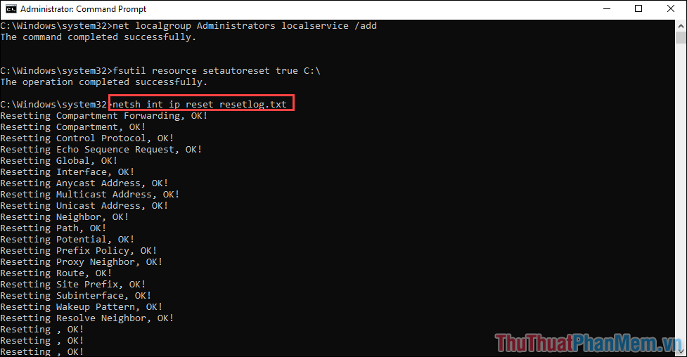 Nhập lệnh netsh int ip đặt lại resetlog.txt