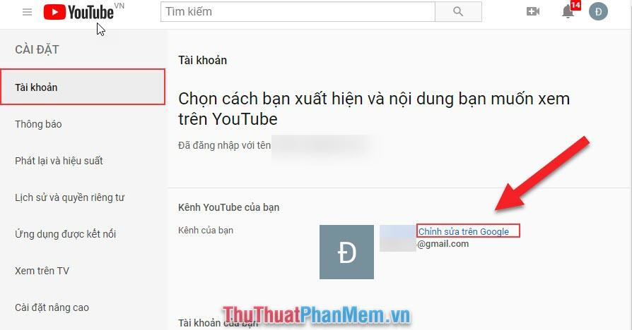 Chọn Tài khoản và trong phần bên phải, chọn Chỉnh sửa trên Google