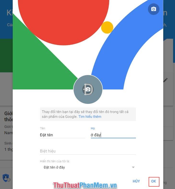Điền vào chỗ trống tên của bạn và nhấn OK