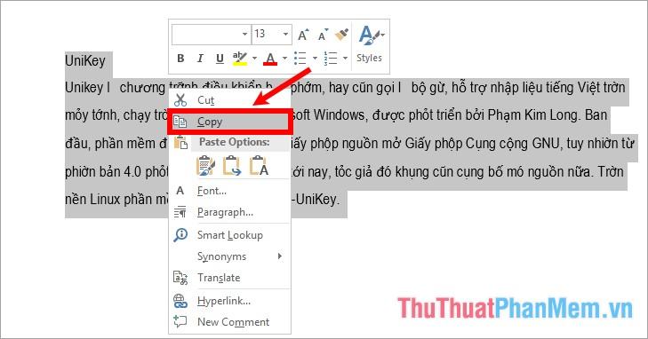 Chọn tất cả văn bản sau đó nhấp chuột phải và chọn Sao chép