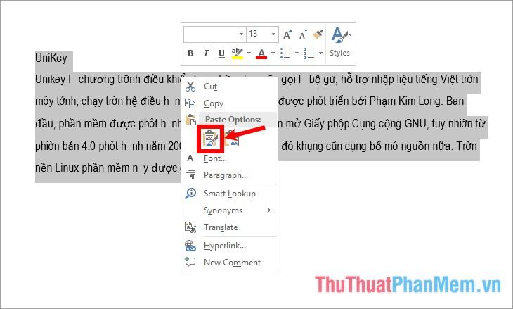 Mở tài liệu Word, nhấp chuột phải và chọn Dán