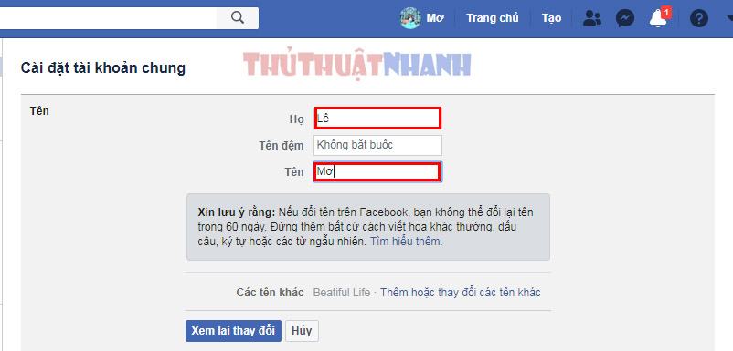 Đổi tên facebook máy tính được không?