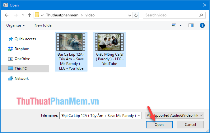Chọn video rồi nhấn Mở