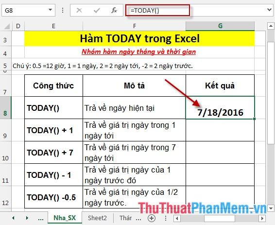 Nhấn Enter trả về giá trị ngày hiện tại