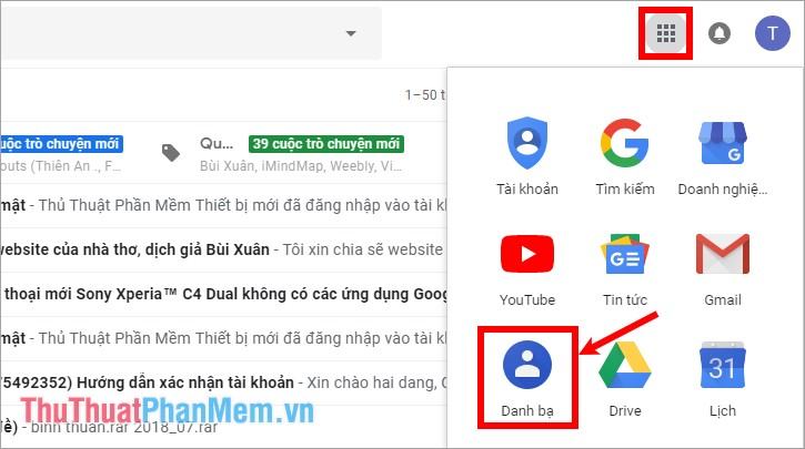 Chọn biểu tượng 6 chấm trên giao diện gmail và chọn Danh bạ