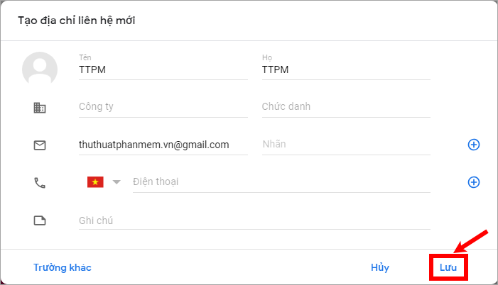 Nhập thông tin liên hệ và chọn Lưu để thêm liên hệ