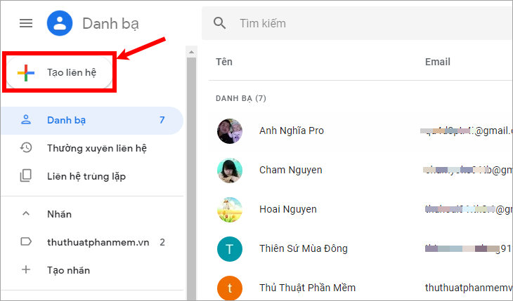 Chuyển đến trang Danh bạ và chọn Tạo Liên hệ