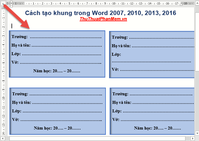 Hoàn thành việc tạo khung trong Word