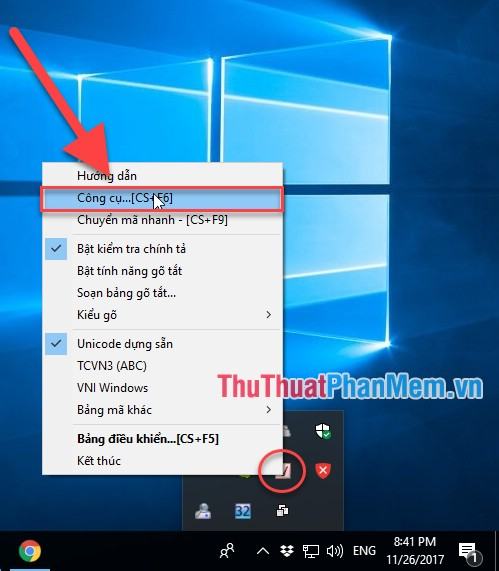 Nhấn chuột phải vào biểu tượng Unikey ở góc dưới màn hình và chọn Công cụ...[CS+F6] hoặc nhấn Ctrl + Shift + F6