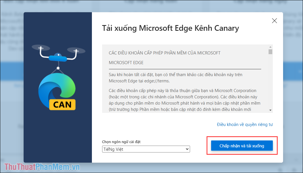 Chuyển về ngôn ngữ tiếng Việt và chọn Chấp nhận và tải xuống