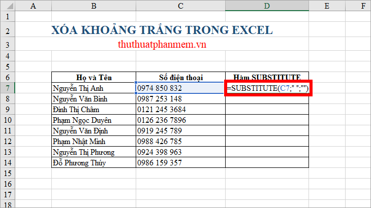 Sử dụng công thức hàm SUBSTITUTE để xóa dấu cách