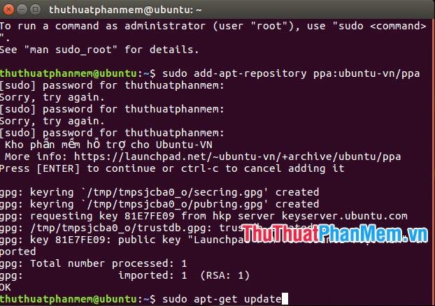 Nhập lệnh sudo apt-get update