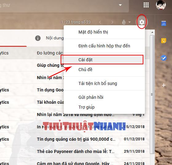 truy cập cài đặt dữ liệu trong gmail