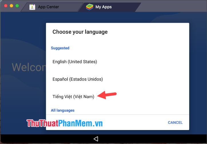 Bấm chọn ngôn ngữ tiếng Việt