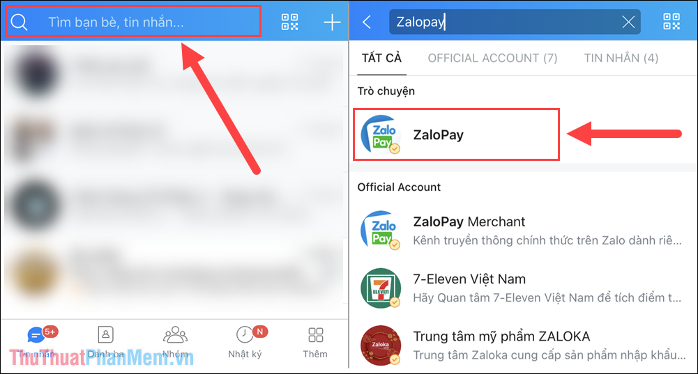 Nhấn Tìm kiếm và nhập nội dung ZaloPay