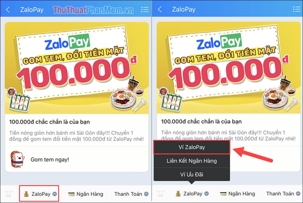 Bấm vào phần ZaloPay và chọn Ví ZaloPay
