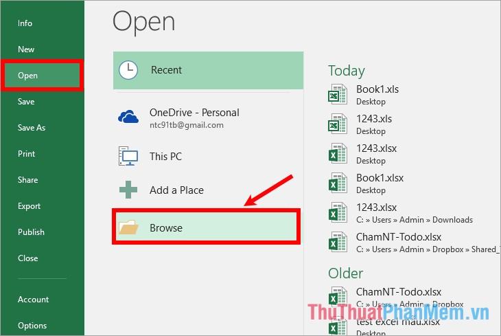 Chọn File - Open - Browse và chọn file Excel cần mở