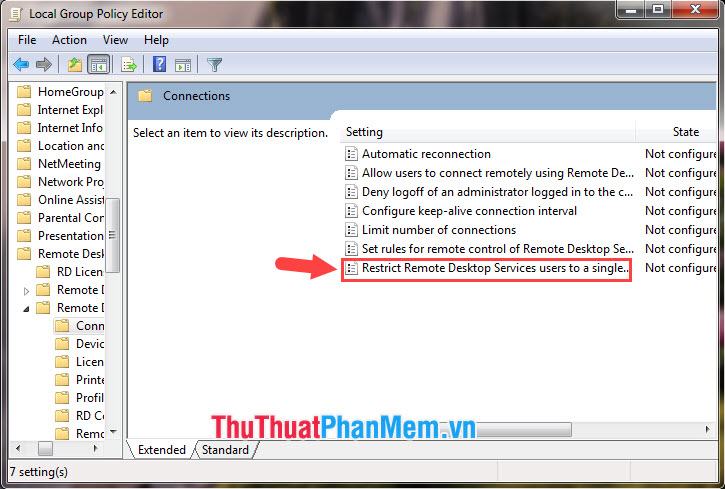 Bấm đúp vào Hạn chế người dùng Dịch vụ Máy tính Từ xa đối với một Dịch vụ Máy tính Từ xa duy nhất