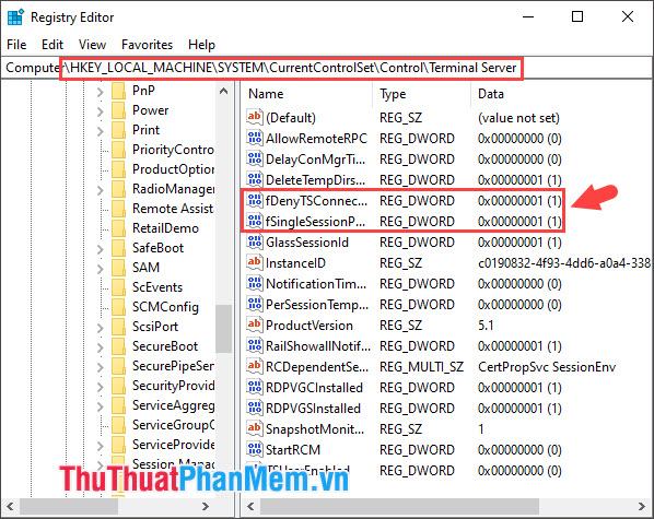 Bấm vào từng mục fSingleSessionPerUser và fDenyTSConnections để đổi giá trị thành 0