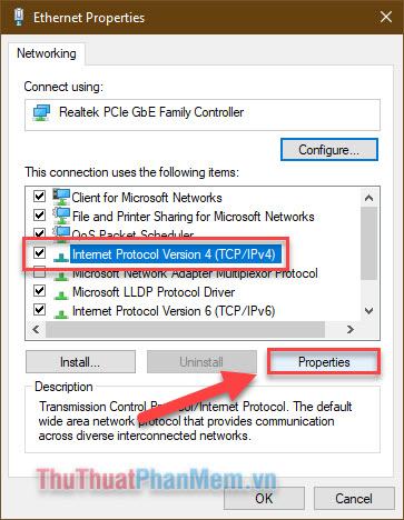 Các bạn tìm dòng Internet Procol Version 4 (TCPIpv4) rồi nhấn Properties