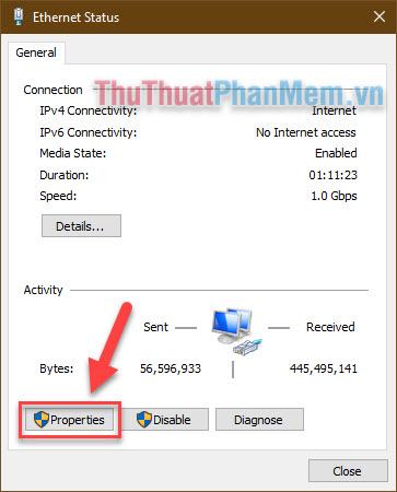 Trong cửa sổ tiếp theo có tên Ethernet Status, chọn Properties