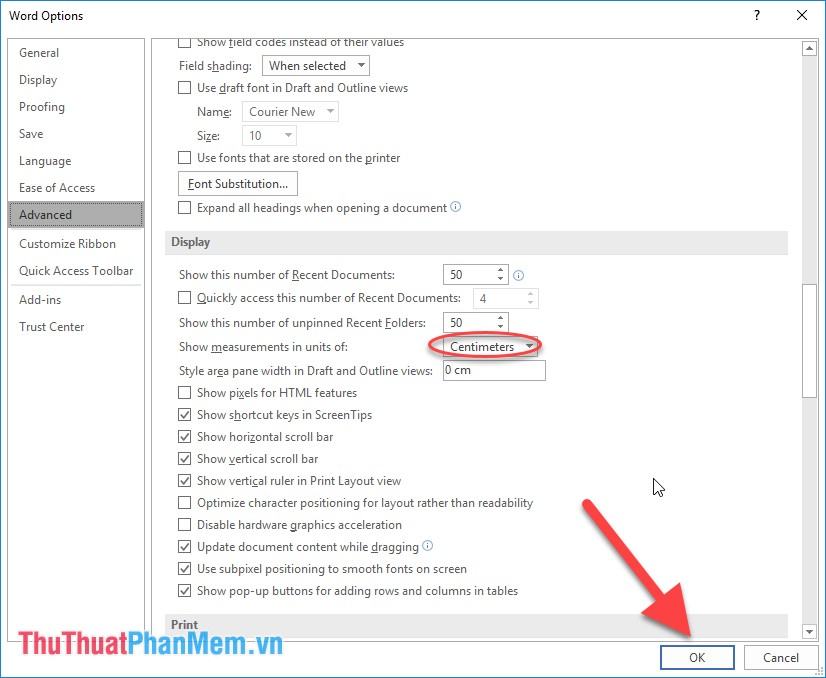 Sau khi chọn Centimeters nhấn OK