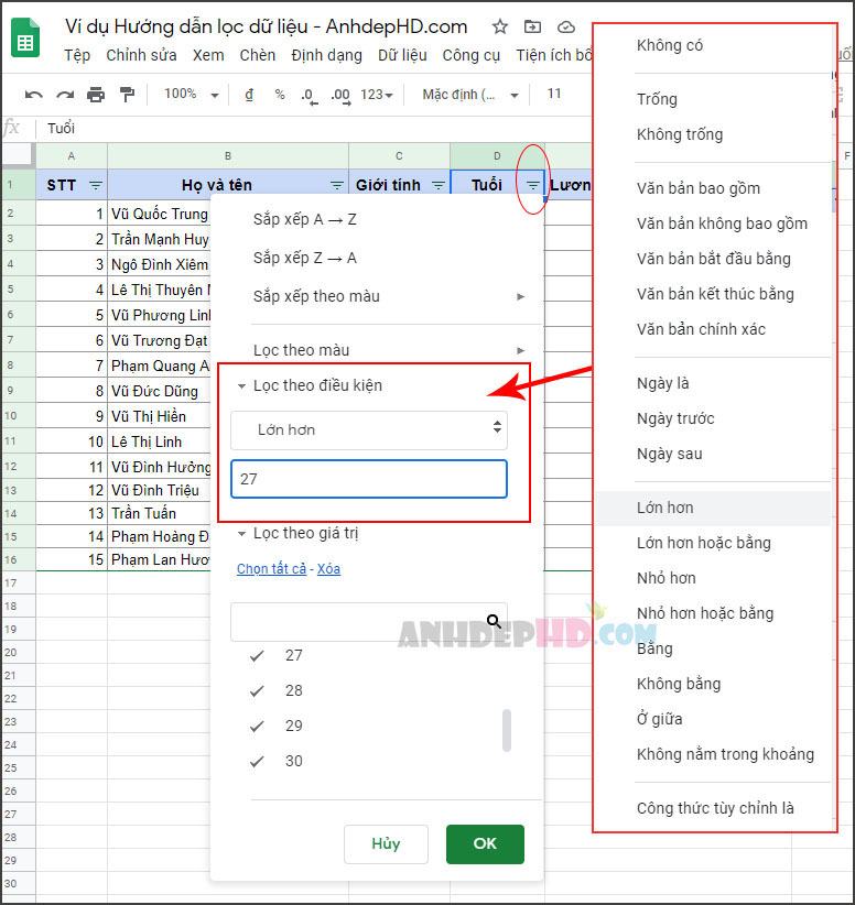 Cách nhắm mục tiêu dữ liệu theo tiêu chí trên google sheet