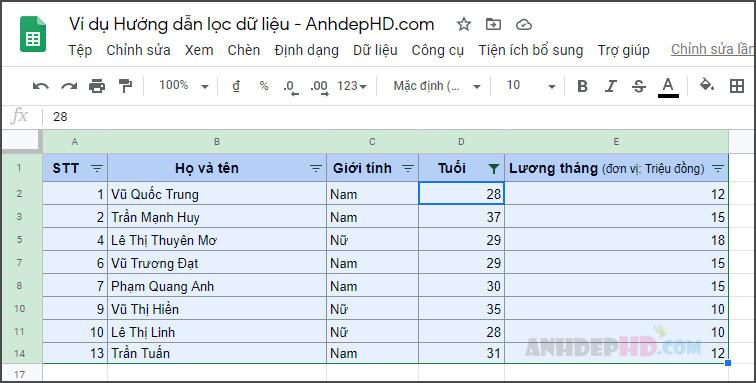 Kiểm tra dữ liệu trong Google Trang tính