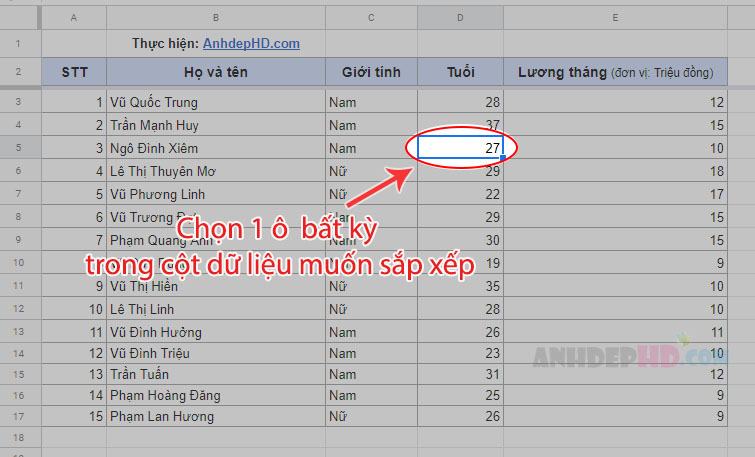 Chọn 1 o bat ki trong danh sách dữ liệu muốn xem