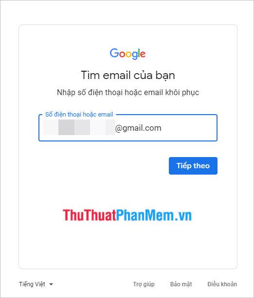 Nhập số điện thoại hoặc email của bạn rồi nhấn Tiếp theo