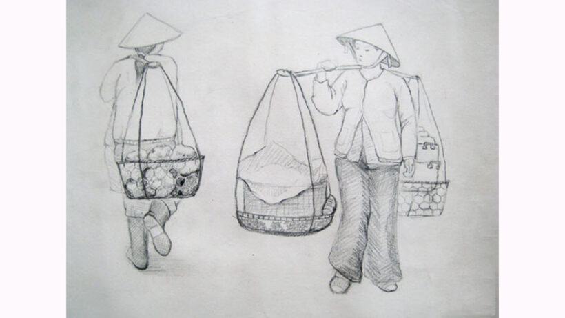 Cách vẽ người gánh hàng đi chợ