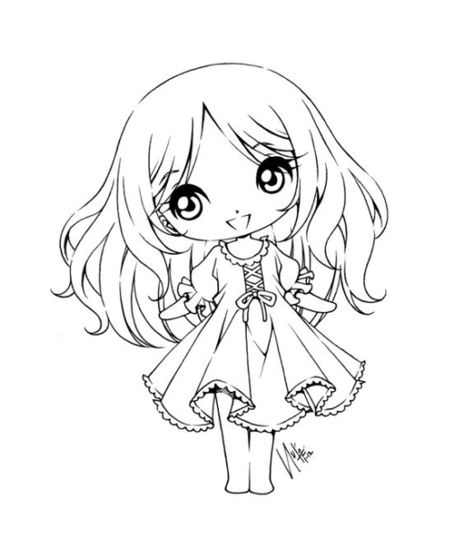 Coloring picture of Princess Chibi with her hands behind her back