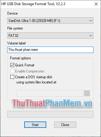 Sử dụng phần mềm HP USB Disk Storage Format Tool