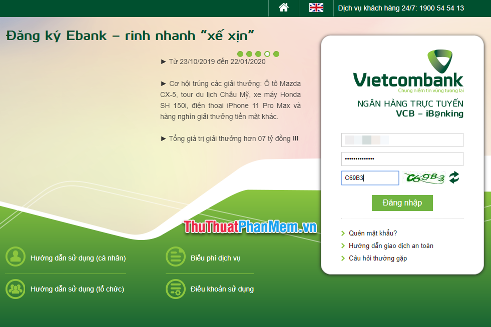 Nhập tên tài khoản và mật khẩu để đăng nhập Internet Banking